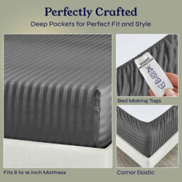 Oxford Homeware Grey Satin Stripe Fitted Sheet 40Cm Extra Deep Pocket Soft Easy Care Bedding Sheet (W)152Cmx(L)200Cm (King) - thumbnail 4