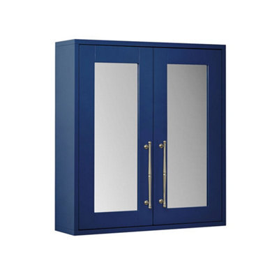 Homestylestore 600 X 650mm Navy Blue Wall Mounted Mirrored Door Bathroom Cabinet And Brushed Brass Classic T Bar Handles - image 1