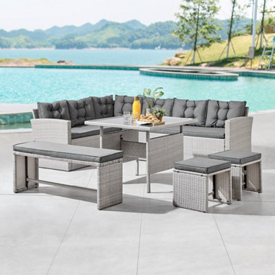 Home Detail Cali Grey Rattan Dark Grey Cushions 6 Piece Garden Corner Sofa Set Footstools Bench Glass Top Table - image 1
