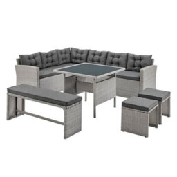 Home Detail Cali Grey Rattan Dark Grey Cushions 6 Piece Garden Corner Sofa Set Footstools Bench Glass Top Table - thumbnail 2