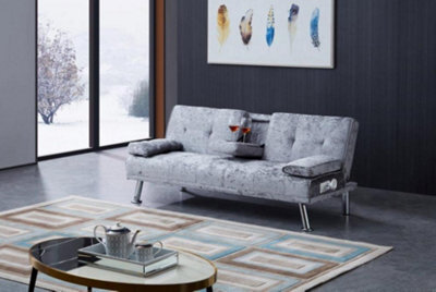 Comfy Living Crushed Velvet Bluetooth Sofa Bed In Steel - image 1