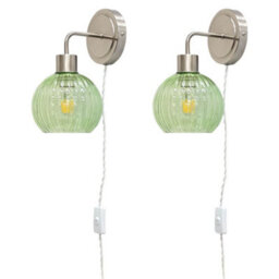 First Choice Lighting Set Of 2 Toby - Satin Nickel Plug In Wall Lights Green Shades