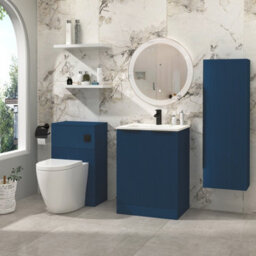 Royal Bathrooms Evora 600mm Midnight Blue Fluted Floor Standing Bathroom Vanity Unit 2 Door Cabinet Storage With Stone Basin & Matt Black Handles - thumbnail 2