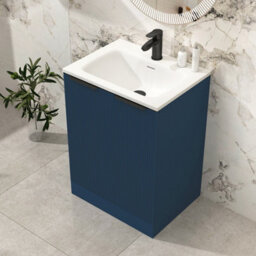 Royal Bathrooms Evora 600mm Midnight Blue Fluted Floor Standing Bathroom Vanity Unit 2 Door Cabinet Storage With Stone Basin & Matt Black Handles - thumbnail 4