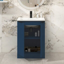 Royal Bathrooms Evora 600mm Midnight Blue Fluted Floor Standing Bathroom Vanity Unit 2 Door Cabinet Storage With Stone Basin & Matt Black Handles - thumbnail 3