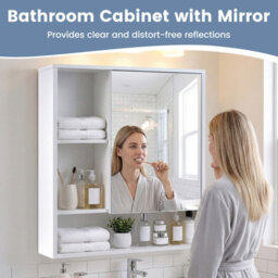 Gainoom Bathroom White Wall Mirror Cabinet Recessed Or Surface Mount Medicine Cabinet W/single Door & 3 Open Shelves - thumbnail 6