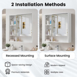 Gainoom Bathroom White Wall Mirror Cabinet Recessed Or Surface Mount Medicine Cabinet W/single Door & 3 Open Shelves - thumbnail 8
