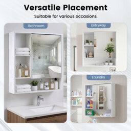 Gainoom Bathroom White Wall Mirror Cabinet Recessed Or Surface Mount Medicine Cabinet W/single Door & 3 Open Shelves - thumbnail 9