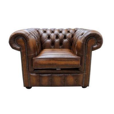 Chesterfield Low Back Club Armchair Antique Tan Real Leather In Classic Style - image 1