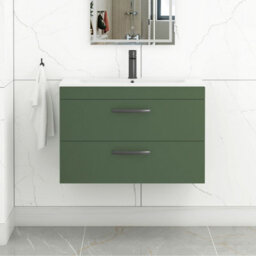 Royal Bathrooms Turin 800mm Wall Hung Vanity Unit Matt Green 2 Drawer Minimalist Basin With Matt Black Handles - thumbnail 1