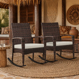 Wyld Haus Ralave Set Of 2 Brown Pe Rattan Garden Rocking Chairs With Beige Cushions - thumbnail 1