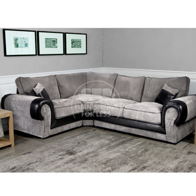 Furnishings For Less UK Large Portland Black And Grey Fabric And Leather 4 Seater L Shaped Corner Sofa Roll Arm Fullback Left Hand Facing