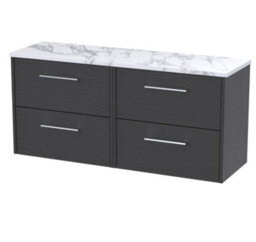 Hudson Reed Juno Wall Hung 4 Soft Close Drawer Vanity Unit With Laminate Worktop In Graphite Grey Woodgrain Finish, 1205mm