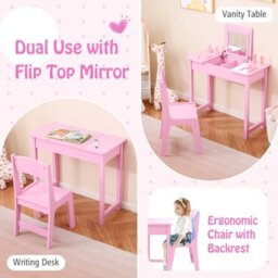 Costway Kids Vanity Set 2 In 1 Vanity Table & Chair Set W/ Flip Top Mirror-Pink - thumbnail 6