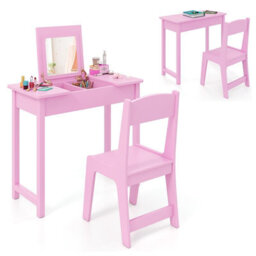 Costway Kids Vanity Set 2 In 1 Vanity Table & Chair Set W/ Flip Top Mirror-Pink - thumbnail 1
