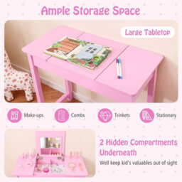 Costway Kids Vanity Set 2 In 1 Vanity Table & Chair Set W/ Flip Top Mirror-Pink - thumbnail 4