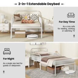 Costway Extendable Daybed To Single Size Bed Metal Sofa Bed With Trundle - thumbnail 6