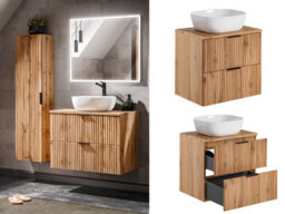 Impact Furniture Vanity Unit With Basin 600mm Wall Hung Countertop Bathroom Cabinet Oak Effect Fluted Ribbed Drawers Adel - thumbnail 3
