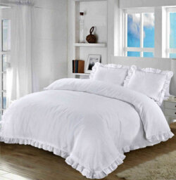 Homes & Linen Santiago Duvet Cover Bedding Set Frilled Edge Easy Care Polycotton Plain Pattern Ruffle Frill Corner With Pillowcases
