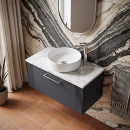 Balterley Belvide Partial Fluted 1 Drawer Wall Hung Vanity Unit With Carrera Marble Laminate Worktop - 800mm - Satin Soft Black - thumbnail 3