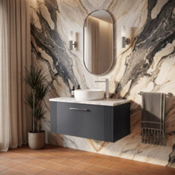 Balterley Belvide Partial Fluted 1 Drawer Wall Hung Vanity Unit With Carrera Marble Laminate Worktop - 800mm - Satin Soft Black - thumbnail 4