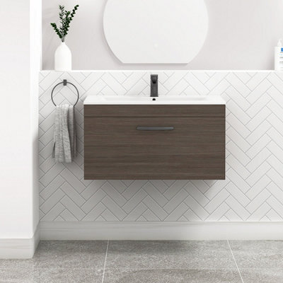 Royal Bathrooms Turin Grey Elm 800mm Wall Hung Vanity Unit 1 Drawer With Minimalist Basin Sink & Matt Black Handles - image 1