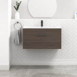 Royal Bathrooms Turin Grey Elm 800mm Wall Hung Vanity Unit 1 Drawer With Minimalist Basin Sink & Matt Black Handles - thumbnail 1