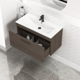 Royal Bathrooms Turin Grey Elm 800mm Wall Hung Vanity Unit 1 Drawer With Minimalist Basin Sink & Matt Black Handles - thumbnail 3