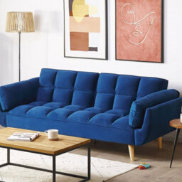Beliani Navy Velvet 3-Seater Sofa Bed With Rubberwood Legs, Full-Size Fold-Out Bed, W218 X D83 X H82Cm - thumbnail 2