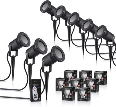Auraglow Deep Recessed Gu10 Holder Garden Spike Light Outdoor Uplighter & Rf Remote Colour Changing Led Bulb Bundle - Eight Pack - image 1