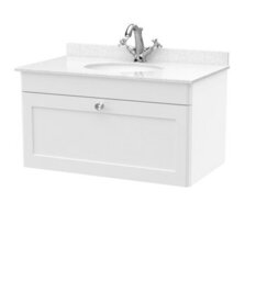 Balterley Swynnerton Traditional 1 Drawer Wall Hung Vanity Unit With Marble Basin, Satin White, 800mm