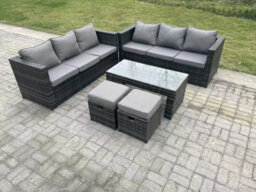 Fimous Outdoor Rattan Garden Furniture Lounge Sofa Set With Oblong Rectagular Coffee Table 2 Stools For Garden - thumbnail 2