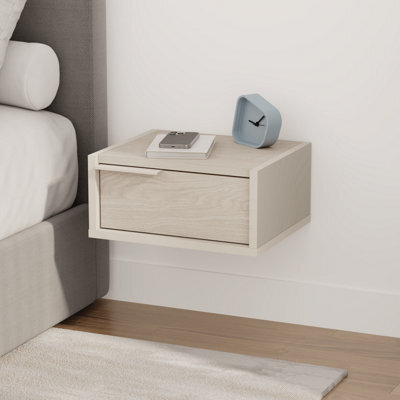 Decortie Eco Floating Bedside Table W/drawer Modern Nightstand Wall-Mounted Space Saver Metal Handle Bedroom Sandstone, Sonoma Oak - image 1