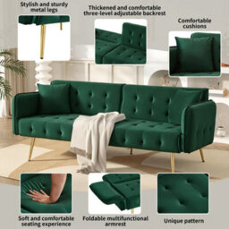 Matteo 2-Seater Velvet Sofa Bed - Green Modern Convertible Guest Sofa - thumbnail 2