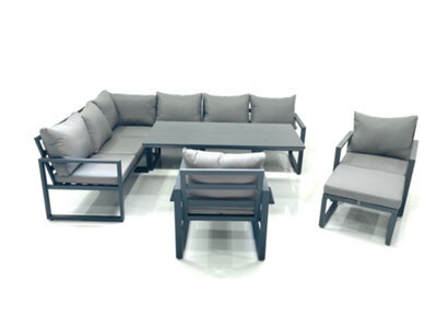 Fimous Aluminum Outdoor Garden Furniture Set Corner Sofa Big Footstool 2 Chairs Adjustable Rising Lifting Dining Table Sets