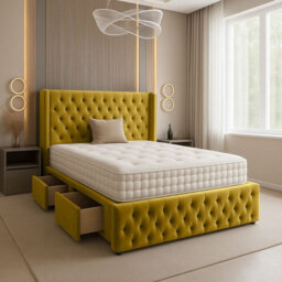 Adore Designs Chesterfield Plush Velvet Divan Bed, Winged Headboard, Mattress & Footboard - 5Ft Kingsize - Turmeric - 2 Drawers Foot End - thumbnail 1