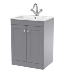 Balterley Swynnerton Traditional 2 Door Floor Standing Vanity Unit With Stone Basin, Satin Grey, 600mm