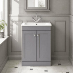 Balterley Swynnerton Traditional 2 Door Floor Standing Vanity Unit With Stone Basin, Satin Grey, 600mm - thumbnail 2