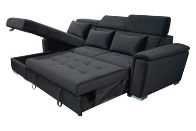 Interior Emporium Antonio Velvet Corner Sofa Bed With Storage & Usb - Universal Sofa - Left/right Sofa (Black) - image 1