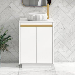 Royal Bathrooms Orion 600mm Matt White Floor Standing Plain White Countertop Vanity Unit 2 Door With Milan Basin & Brushed Brass Accent Trim