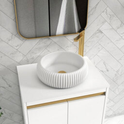 Royal Bathrooms Orion 600mm Matt White Floor Standing Plain White Countertop Vanity Unit 2 Door With Milan Basin & Brushed Brass Accent Trim - thumbnail 5