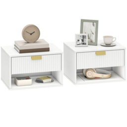 Homcom Floating Bedside Tables Set Of 2 With Fluted Drawer Open Shelf White - thumbnail 2