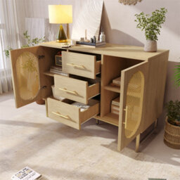 Abrihome Rattan & Oak Sideboard With 2 Doors, 3 Drawers & Adjustable Shelves - 120X40X74Cm Living Room Storage Cabinet - thumbnail 9