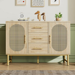 Abrihome Rattan & Oak Sideboard With 2 Doors, 3 Drawers & Adjustable Shelves - 120X40X74Cm Living Room Storage Cabinet - thumbnail 1