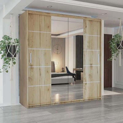M N Furniture Ltd Wardrobe With Led Light - Modern Sliding Wardrobe With Mirror - Adjustable Storage Bedroom Cabinet (Oak, 120Cm) - image 1