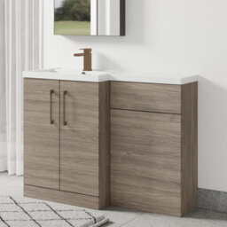 Balterley Left-Hand Bathroom Vanity And Wc Unit Combination With Basin - 1100mm - Woodgrain Mid Oak With Brushed Bronze Handles - thumbnail 4
