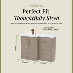 Balterley Left-Hand Bathroom Vanity And Wc Unit Combination With Basin - 1100mm - Woodgrain Mid Oak With Brushed Bronze Handles - thumbnail 5