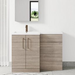Balterley Left-Hand Bathroom Vanity And Wc Unit Combination With Basin - 1100mm - Woodgrain Mid Oak With Brushed Bronze Handles - thumbnail 2