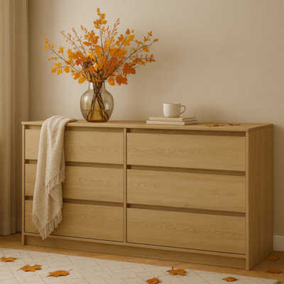 Impact Furniture 6 Drawer Chest Of Drawers Sideboard Large Storage Cabinet Handleless 180Cm Wide Unit White Washed Light Oak Effect Mana - image 1