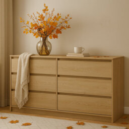 Impact Furniture 6 Drawer Chest Of Drawers Sideboard Large Storage Cabinet Handleless 180Cm Wide Unit White Washed Light Oak Effect Mana